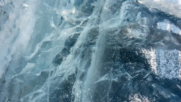 Türkiz Jég Fagyott Bajkál Tóból Közelkép Teljes Képernyő Mély Repedések — Stock Fotó
