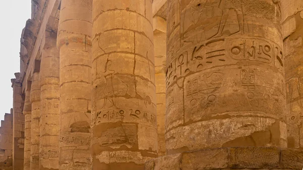 Colonata Antigo Templo Karnak Luxor Close Textura Pedra Das Colunas — Fotografia de Stock