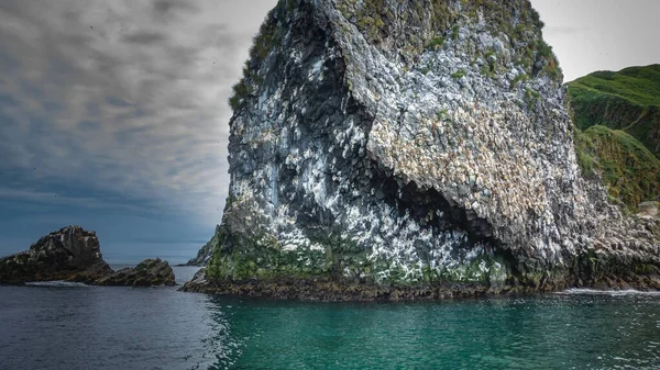 一块风景如画的岩石耸立在海面之上 在破碎的石头上可以看到鸟巢的位置 多云的天空 对翡翠水的反思 堪察加半岛Starichkov岛 — 图库照片
