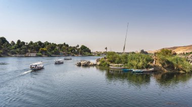 Turist tekneleri sakin sularda yüzer, nehir kıyısında dururlar. Sahilde yeşil bitki örtüsü. Yansıma. Kum tepeciği mavi gökyüzüne karşı. Nil. Mısır