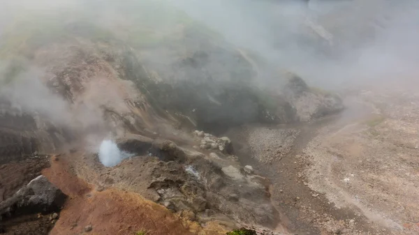 Geyser Erupts Hillside Fountain Boiling Water Rises Hot Stream Flows — стокове фото