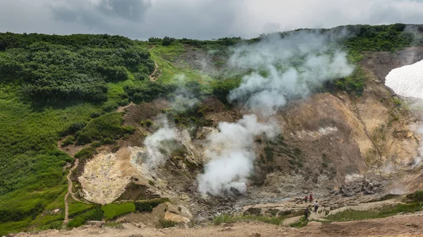 Columnas Vapor Aguas Termales Elevan Valle Geotérmico Camino Serpentea Largo — Foto de Stock