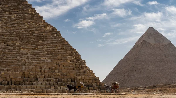在蓝天和云彩的背景上 有两座吉萨 乔普斯和切弗伦金字塔 古代的石墙是可见的 脚上有马套在推车上 — 图库照片