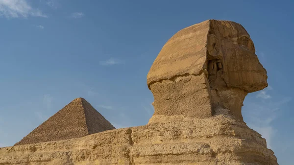 大スフィンクスの彫刻 接近中だ プロフィール表示 石仏の風化した表面の質感が見える 青い空に対するピラミッドの上 エジプト — ストック写真