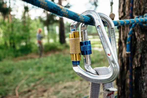 Climbing Carabiner Rope Forest Summer Close — Stock Photo, Image
