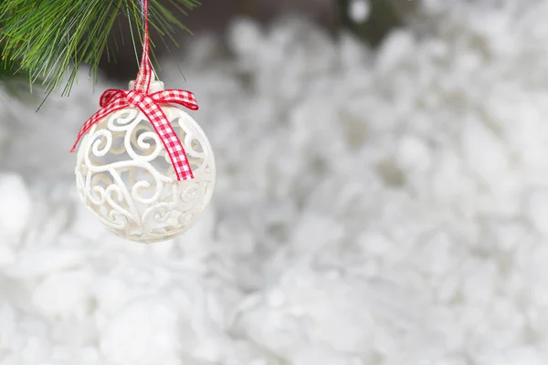 White Christmas Ball Snow Covered Tree Branch Snowy White Background — Stock Photo, Image