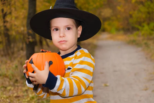 Förskolepojke Håller Pumpa Med Godis Höstens Halloweenskog — Stockfoto