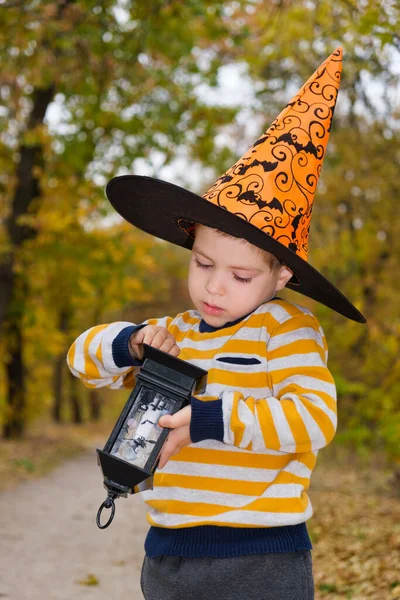 Halloween Niño Sombrero Sosteniendo Una Linterna Tarjeta Vertical —  Fotos de Stock