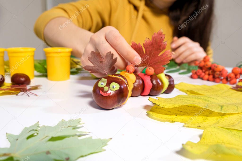 A woman decorates with viburnum berries an autumn craft caterpillar made of chestnuts and plasticine.