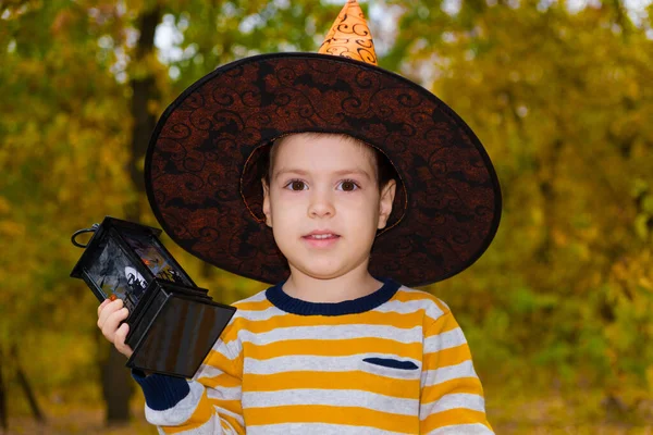 Retrato de un niño con una chaqueta a rayas y sombrero sosteniendo una linterna en el bosque —  Fotos de Stock