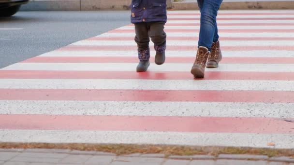 Mãe e criança cruzam a estrada na travessia da zebra. — Vídeo de Stock