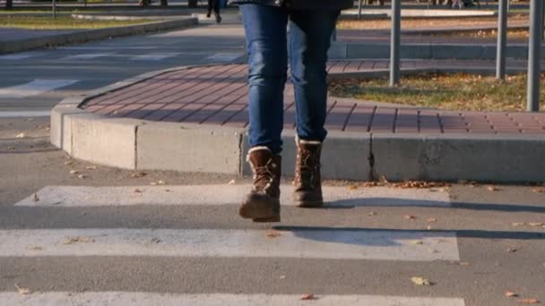 Žena v hnědých botách přejde silnici na křižovatce chodců, nohy zblízka. — Stock video