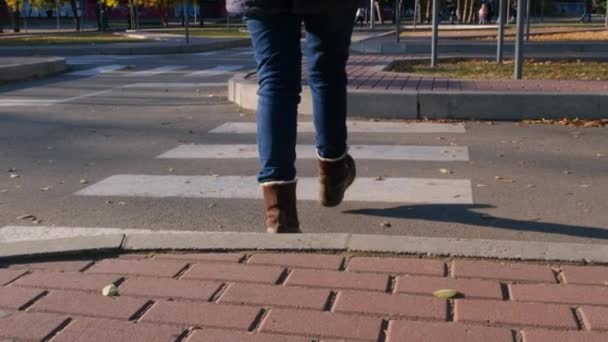 Uma mulher de sapatos castanhos atravessa a estrada em uma travessia de pedestres, pernas de close-up. — Vídeo de Stock