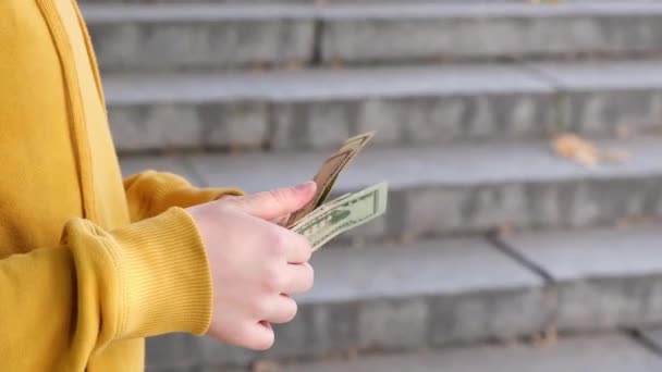Adolescente cuenta billetes de dólar en el fondo de las escaleras — Vídeos de Stock