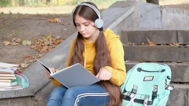 一个13岁的女孩坐在楼梯上，在公园里看书，参加学校的考试. — 图库视频影像