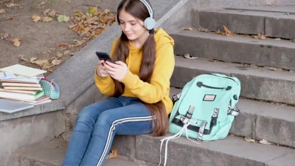 Un adolescente escribe texto o juega en un teléfono inteligente y se ríe. — Vídeos de Stock