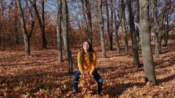 Eine 25-jährige Frau wirft Blätter in den Wald, tanzt und genießt Herbst und Sonne. — Stockvideo