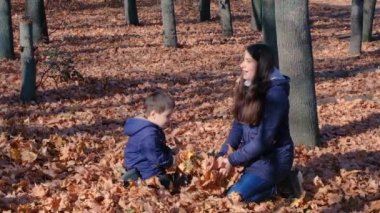 Anne ve oğul sonbahar ormanına yaprak atıyor, ağır çekimde.