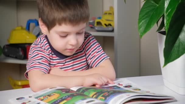 Un niño en edad preescolar aprende a leer, mira imágenes en un libro y habla. — Vídeos de Stock