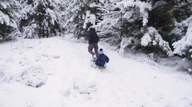 Baba oğlunu karla kaplı bir kış ormanında kayak merkezinde kızakla kayıyor..