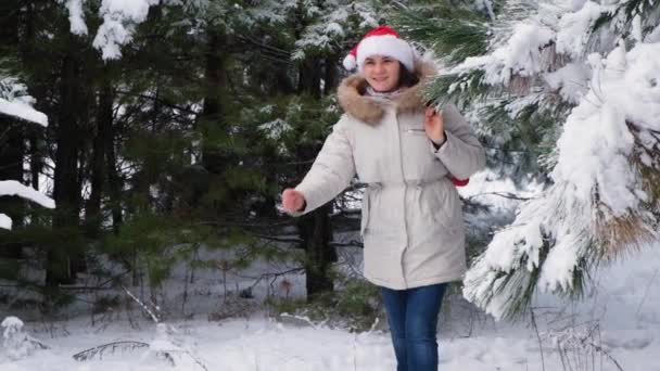 Een vrouw in Santas hoed met een rode zak geschenken wandelt in een besneeuwd dennenbos in de winter, slow motion — Stockvideo