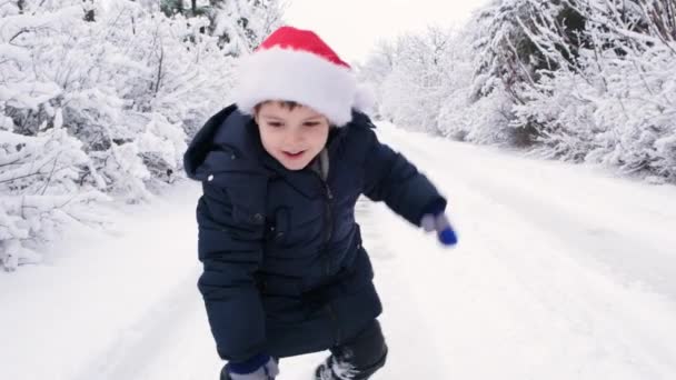 A boy in winter clothes and a Santa Claus hat rolls a sled on the way, having fun in nature in winter — 图库视频影像