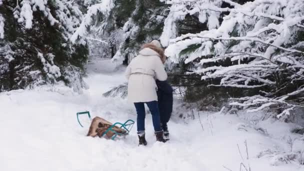 A mother clears snow from her sons jacket in a snowy pine forest in winter — 图库视频影像