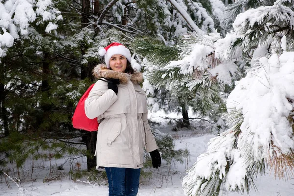 Una mujer en sombrero de Santas con una bolsa roja de regalos camina en un bosque de pinos cubierto de nieve en invierno — Foto de Stock