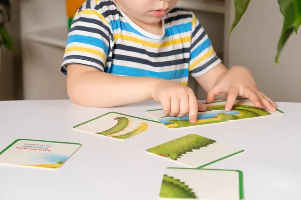 Preschooler puts together a picture of a crocodile from puzzles, hands close-up. — Stock Photo, Image