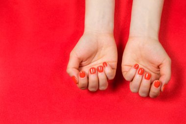 Kısa tırnakları kırmızı ojeli kadın elleri, metin için kopyalama alanı.