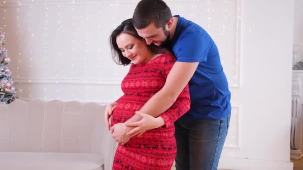 Heureux futurs parents attendent la naissance d'un bébé, le mari caresse le ventre de sa femme enceinte — Video