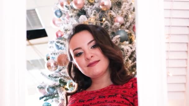 The reflection in the mirror of a pregnant woman, the expectant mother admires and strokes her belly against the background of the Christmas tree. — Stock Video