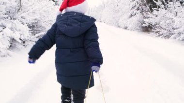 Kışın giyinmiş bir oğlan ve Noel Baba şapkası takmış bir kızak yolda, kışın doğada eğleniyor.