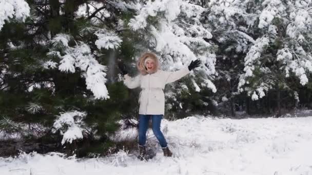 A woman in a white jacket in a winter pine forest jumps and has fun under snow-covered branches under falling snow — Video Stock