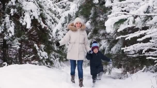Мама і син біжать у сніговому зимовому лісі, щасливі батьки і сімейні канікули, сповільнюють рух — стокове відео