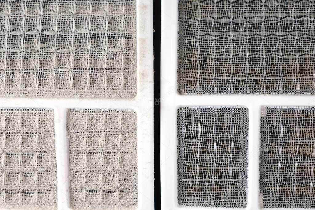 Dirty and clean air conditioner filters. Cleaning the filter from dust, allergies and asthma from dust, maintenance of air conditioners