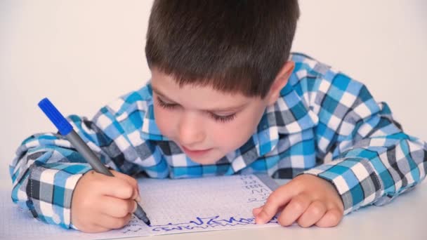 A boy of 4 years learns to write, writes copybook. Preparation for school for preschoolers — Vídeo de Stock