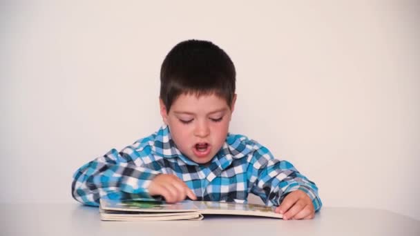 4 yaşında bir çocuk, içinde resimler olan kalın karton sayfalı bir kitaba bakar ve beyaz bir arkaplanda konuşur.. — Stok video