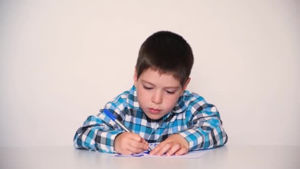 A preschool child in a plaid shirt draws a drawing, paints with a blue marker — Video Stock