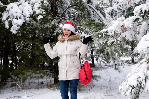 Kobieta Kapeluszu Mikołaja Czerwoną Torbą Prezentów Spaceruje Zimą Sosnowym Lesie — Zdjęcie stockowe