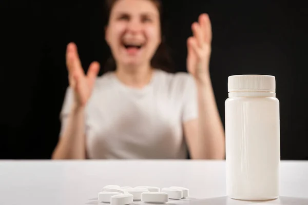 Tired Aggressive Woman Screams Sedative Dietary Supplements Treatment Irritability — Stock Photo, Image