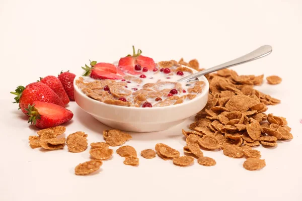 Céréales Trempées Dans Lait Petit Déjeuner Rapide Avec Fruits Baies — Photo