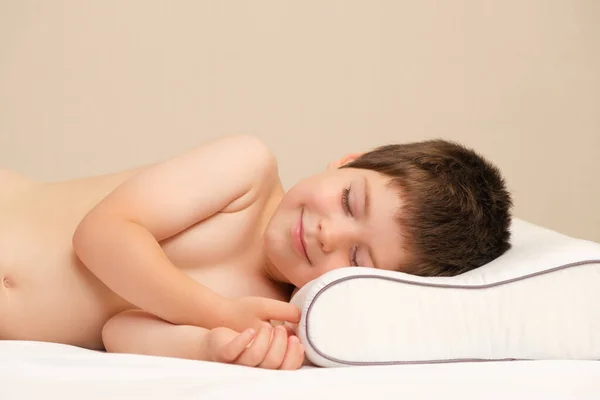 Year Old Boy Lies Childrens Orthopedic Pillow Made Memory Foam — Stock Photo, Image