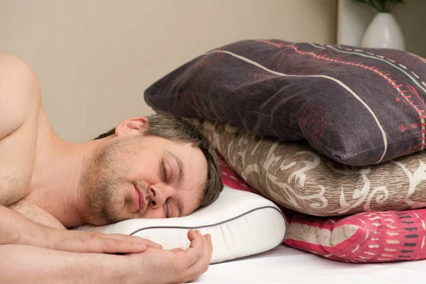 Man Sleeps Orthopedic Pillow Memory Foam Instead Other Ordinary Pillows — Stock Photo, Image