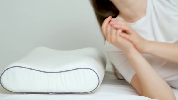 Woman Lies Her Favorite Orthopedic Pillow Mattress Healthy Sleep — Stockvideo