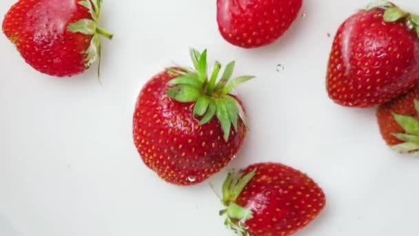 Strawberries Fall Water White Background Hit Each Other Swim Move — 图库视频影像