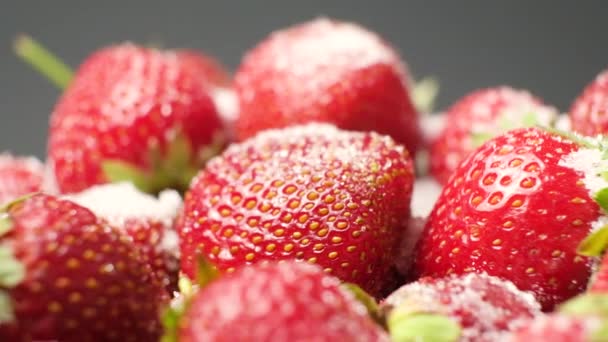草莓在黑色的背景上呈圆形 上面撒满了糖分 — 图库视频影像