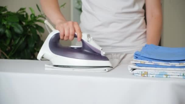 Woman Irons Baby Diaper Iron Ironing Board Close — Vídeos de Stock