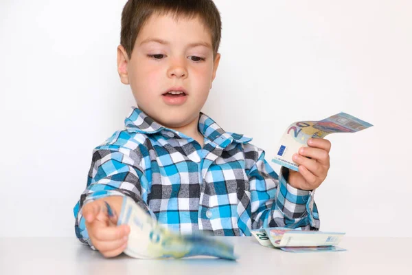 Year Old Boy Counts Money Holds Euros His Hands Teaching — Stock fotografie