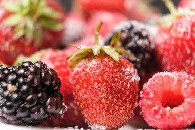 Raspberries, strawberries and blackberries sprinkled with sugar, close-up